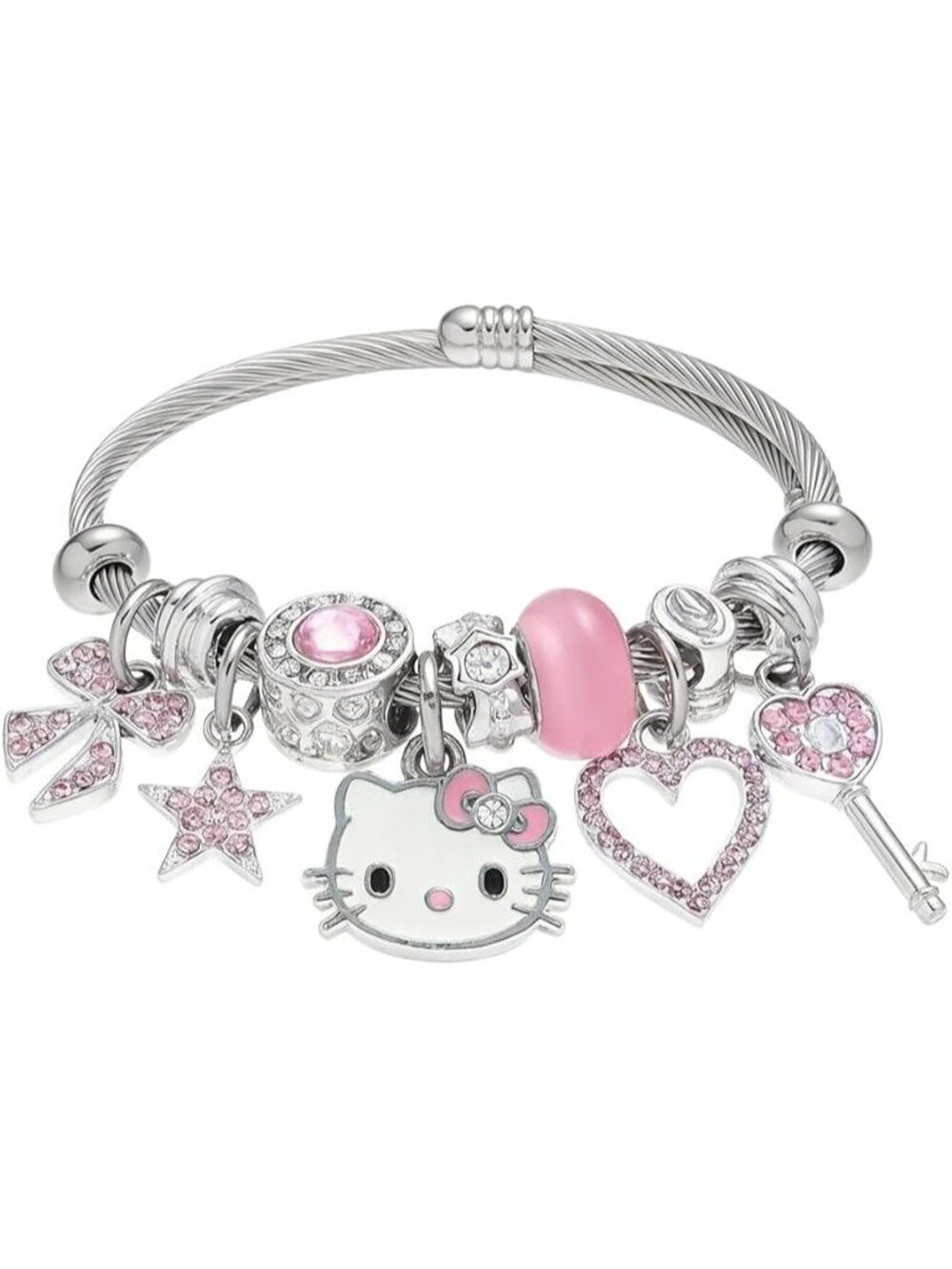 Cat Cute Cat Charm Bracelet 2.4" Diameter Enamel Bangle Sparkly CZ